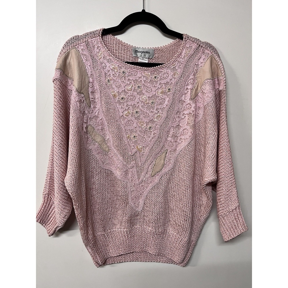 Magnolia Vintage 80s Hand Knitted Pink Metallic Sequin Lace Batwing Sweater M